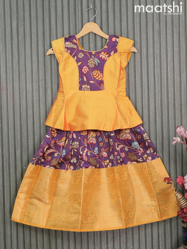 Raw silk readymade kids lehenga dual shade of yellow and deep violet with patch work neck pattern and kalamkari prints & long zari woven border for 6 years - {{ collection.title }} by Prashanti Sarees