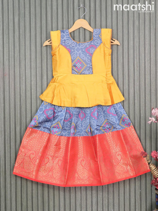 Raw silk readymade kids lehenga dual shade of yellow and grey with patch work neck pattern and bandhani prints & long zari woven border for 5 years - {{ collection.title }} by Prashanti Sarees