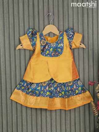 Raw silk readymade kids lehenga dual shade of yellow and peacock blue with patch work neck pattern and kalamkari prints & zari woven border for 0-6 months