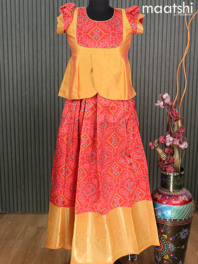 Raw silk readymade kids lehenga dual shade of yellow and red with patch work neck pattern and bandhani prints & long zari woven border for 12 years - {{ collection.title }} by Prashanti Sarees
