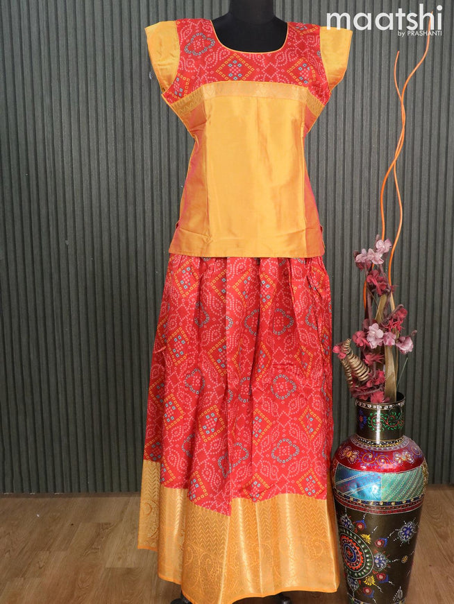 Raw silk readymade kids lehenga dual shade of yellow and red with patch work neck pattern and bandhani prints & long zari woven border for 16 years - {{ collection.title }} by Prashanti Sarees