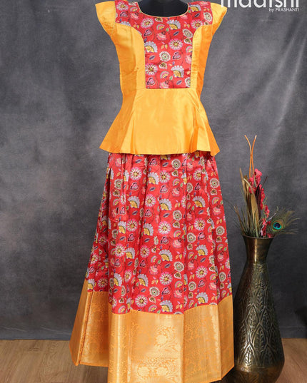 Raw silk readymade kids lehenga dual shade of yellow and red with patch work neck pattern and kalamkari prints & long zari woven border for 16 years - {{ collection.title }} by Prashanti Sarees