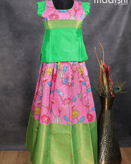 Raw silk readymade kids lehenga green and light pink with patch work neck pattern and kalamkari prints & long zari woven border for 11 years - {{ collection.title }} by Prashanti Sarees