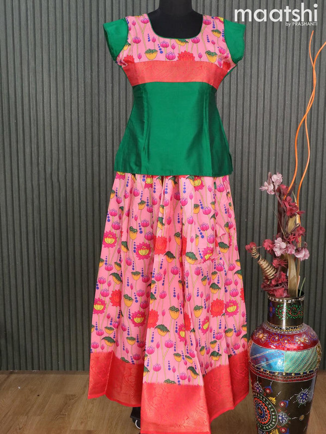 Raw silk readymade kids lehenga green and light pink with patch work neck pattern and pichwai prints & zari woven border for 14 years - {{ collection.title }} by Prashanti Sarees