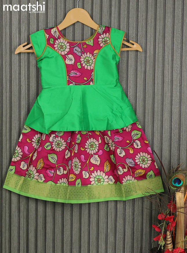 Raw silk readymade kids lehenga green and magenta pink with patch work neck pattern and kalamkari prints & zari woven border for 1 year - {{ collection.title }} by Prashanti Sarees