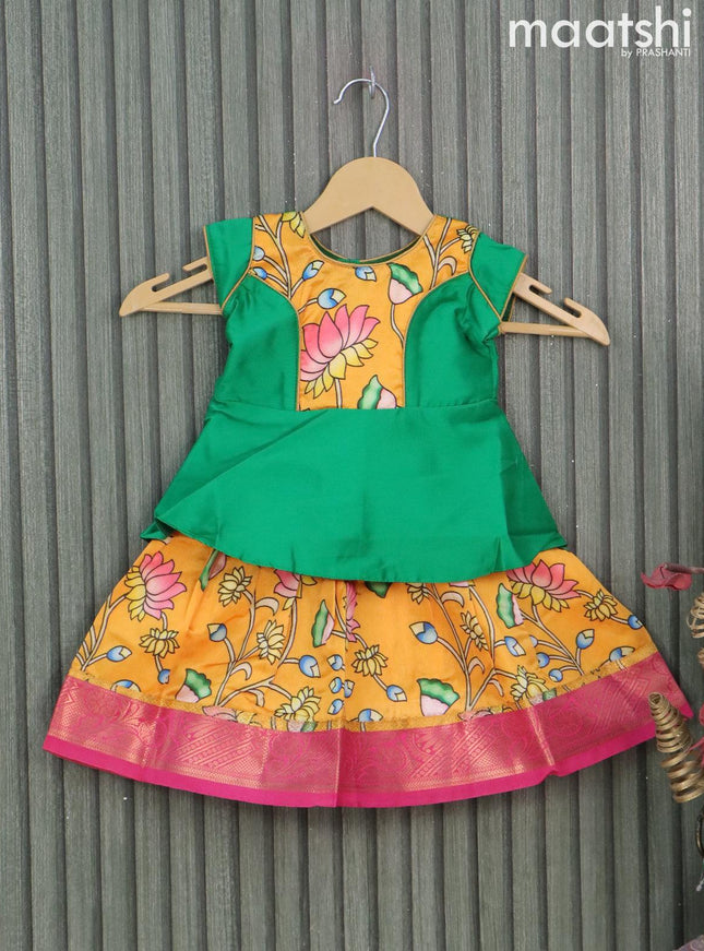 Raw silk readymade kids lehenga green and mango yellow with patch work neck pattern and kalamkari prints & zari woven border for 0-6 months - {{ collection.title }} by Prashanti Sarees