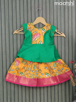 Raw silk readymade kids lehenga green and mango yellow with patch work neck pattern and kalamkari prints & zari woven border for 0-6 months