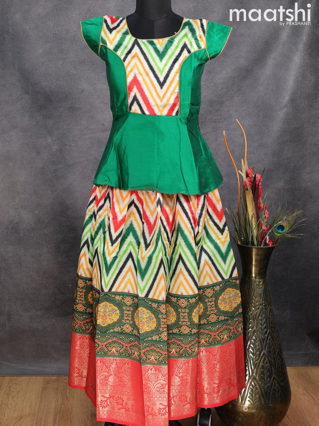 Raw silk readymade kids lehenga green and multi colour with patch work neck pattern and zig zag prints & long zari woven border for 11 years - {{ collection.title }} by Prashanti Sarees