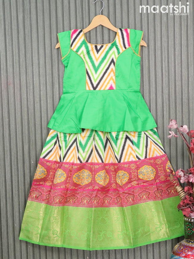 Raw silk readymade kids lehenga green and multi colour with patch work neck pattern and zig zag prints & long zari woven border for 8 years - {{ collection.title }} by Prashanti Sarees