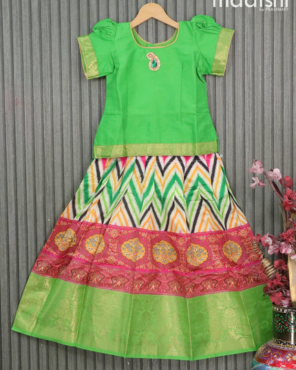 Raw silk readymade kids lehenga green and multi colour with simple neck pattern and zig zag prints & long zari woven border for 8 years - {{ collection.title }} by Prashanti Sarees
