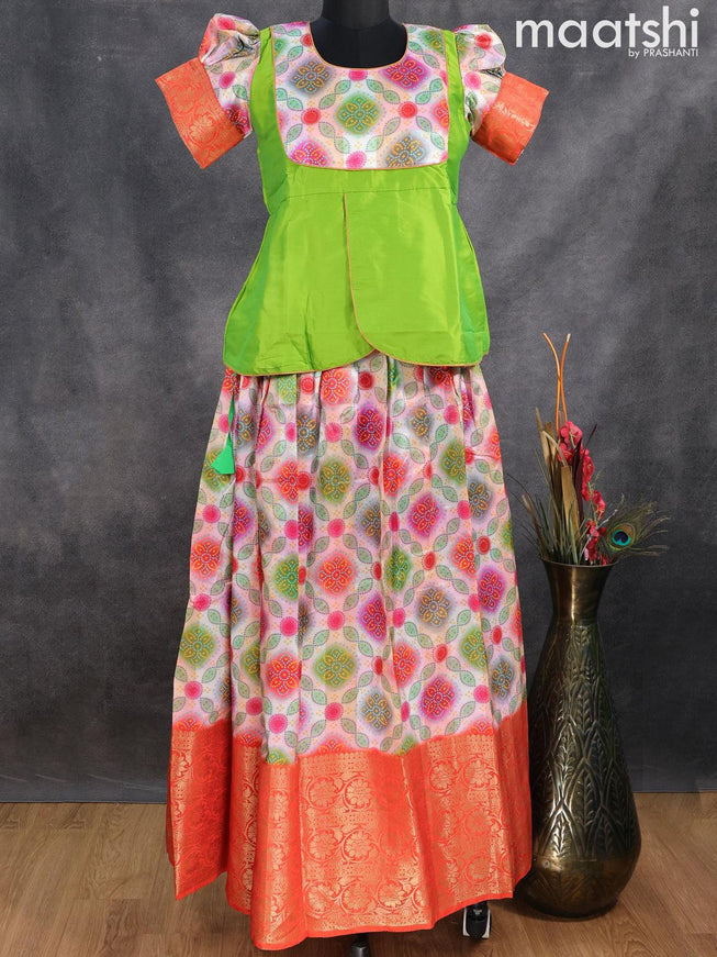 Raw silk readymade kids lehenga green and multicolour with patch work neck pattern and bandhani prints & long zari woven border for 16 years - {{ collection.title }} by Prashanti Sarees