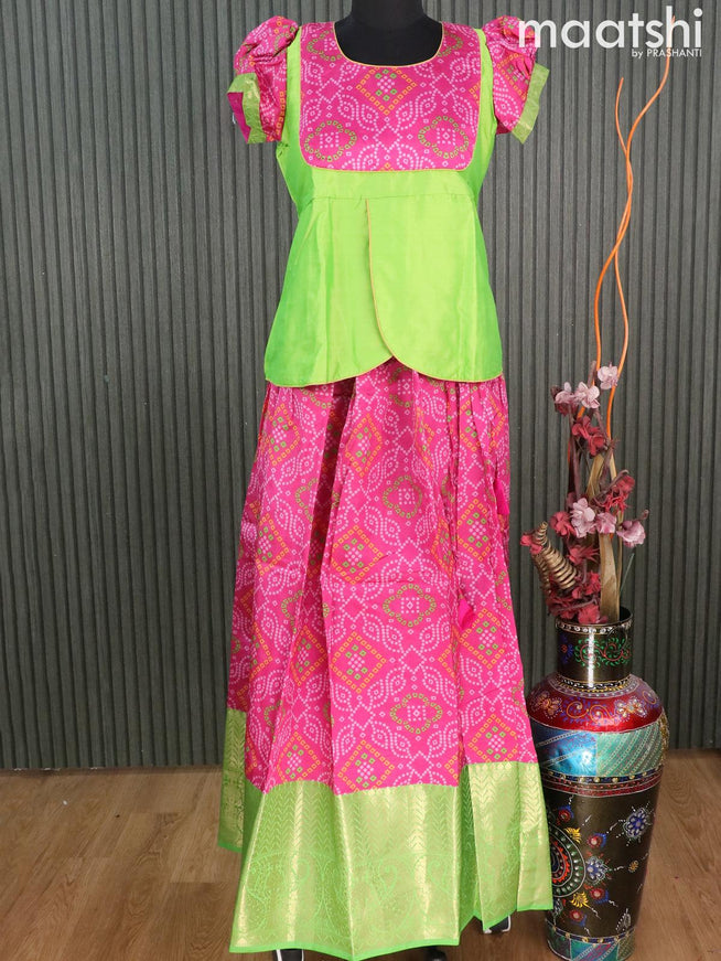 Raw silk readymade kids lehenga green and pink with patch work neck pattern and bandhani prints & long zari woven border for 16 years - {{ collection.title }} by Prashanti Sarees