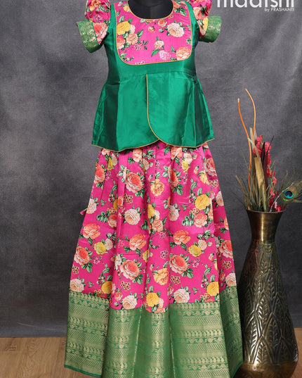 Raw silk readymade kids lehenga green and pink with patch work neck pattern and floral prints & long zari woven border for 11 years - {{ collection.title }} by Prashanti Sarees