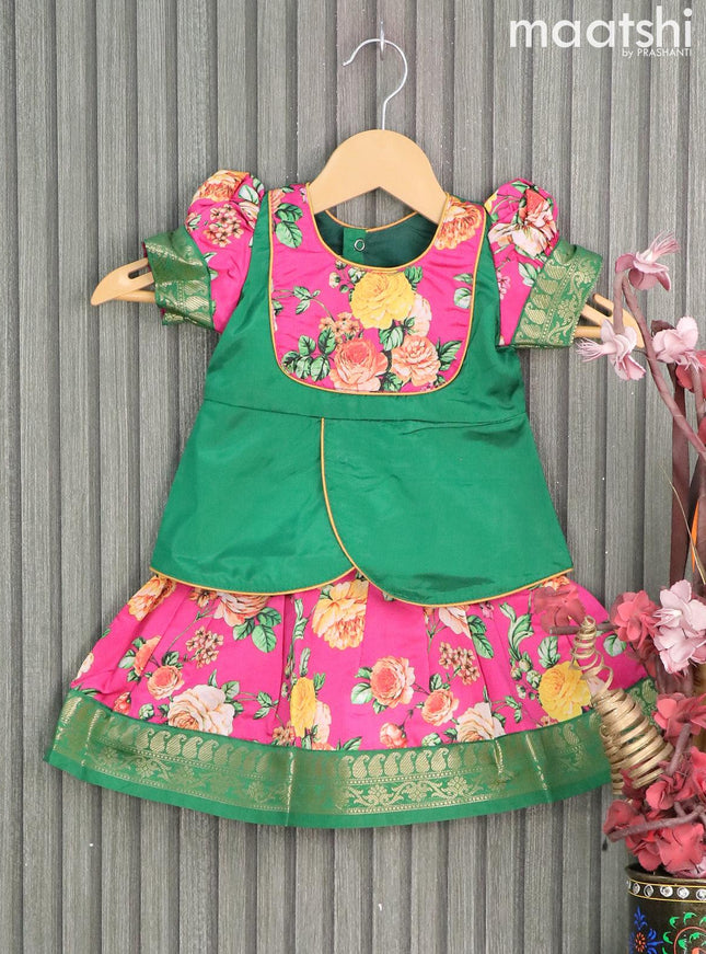 Raw silk readymade kids lehenga green and pink with patch work neck pattern and floral prints & zari woven border for 0-6 months - {{ collection.title }} by Prashanti Sarees