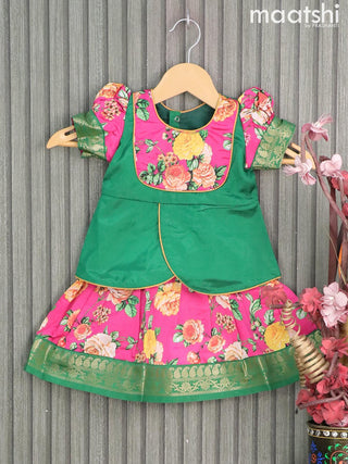 Raw silk readymade kids lehenga green and pink with patch work neck pattern and floral prints & zari woven border for 0-6 months