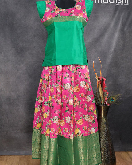 Raw silk readymade kids lehenga green and pink with patch work neck pattern and kalamkari prints & long zari woven border for 16 years - {{ collection.title }} by Prashanti Sarees