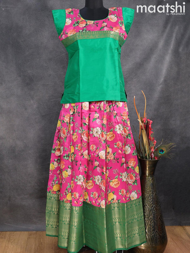 Raw silk readymade kids lehenga green and pink with patch work neck pattern and kalamkari prints & long zari woven border for 16 years - {{ collection.title }} by Prashanti Sarees