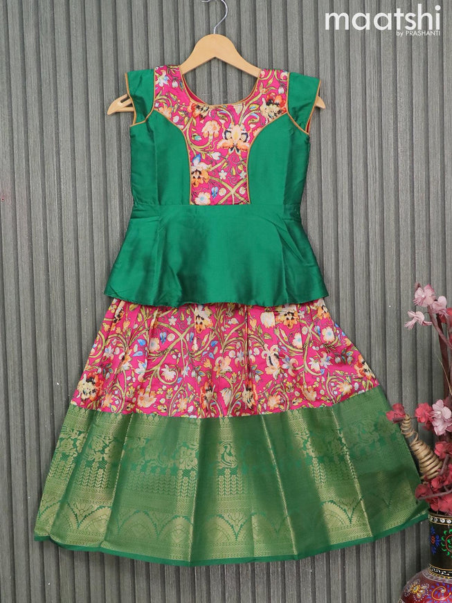 Raw silk readymade kids lehenga green and pink with patch work neck pattern and kalamkari prints & long zari woven border for 7 years - {{ collection.title }} by Prashanti Sarees