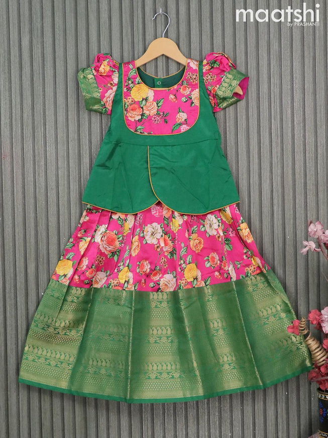 Raw silk readymade kids lehenga green and pink with patch work neck pattern and kalamkari prints & zari woven border for 6 years - {{ collection.title }} by Prashanti Sarees