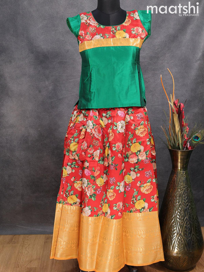 Raw silk readymade kids lehenga green and red with patch work neck pattern and floral prints & long zari woven border for 11 years - {{ collection.title }} by Prashanti Sarees