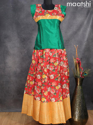 Raw silk readymade kids lehenga green and red with patch work neck pattern and floral prints & long zari woven border for 15 years