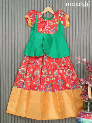Raw silk readymade kids lehenga green and red with patch work neck pattern and kalamkari prints & long zari woven border for 9 years