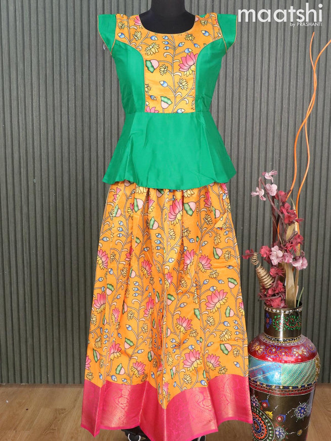 Raw silk readymade kids lehenga green and yellow with patch work neck pattern and kalamkari prints & zari woven border for 14 years - {{ collection.title }} by Prashanti Sarees