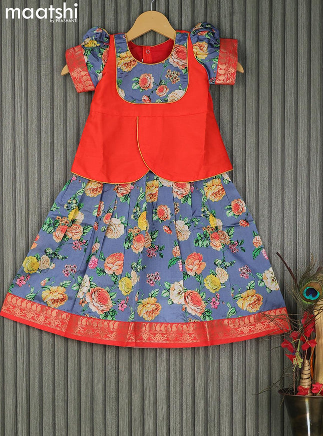 Raw silk readymade kids lehenga grey and orange with patch work neck pattern and floral prints & zari woven border for 3 years - {{ collection.title }} by Prashanti Sarees