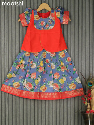 Raw silk readymade kids lehenga grey and orange with patch work neck pattern and floral prints & zari woven border for 3 years