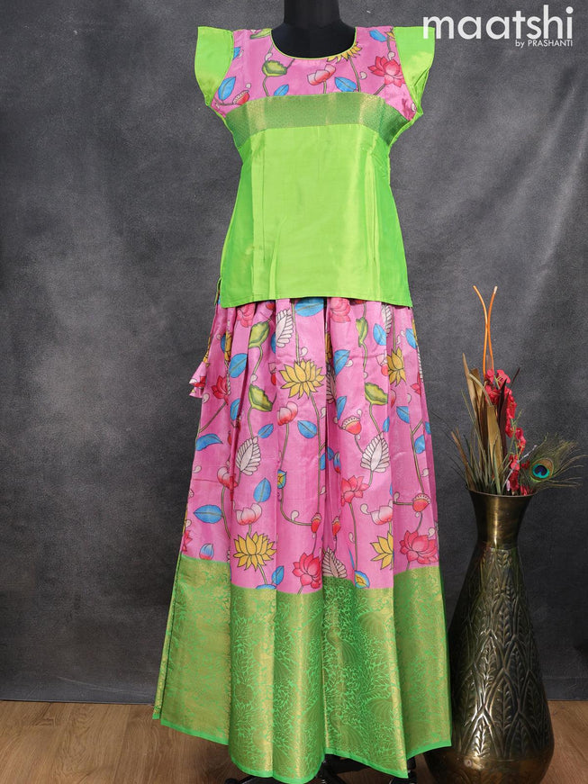 Raw silk readymade kids lehenga light green and light pink with patch work neck pattern and kalamkari prints & long zari woven border for 15 years - {{ collection.title }} by Prashanti Sarees