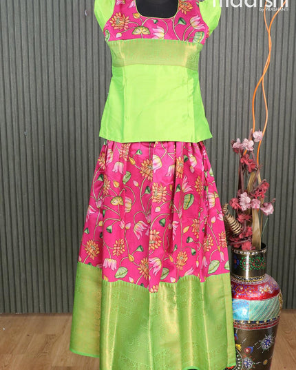 Raw silk readymade kids lehenga light green and pink with patch work neck pattern and kalamkari prints & long zari woven border for 12 years - {{ collection.title }} by Prashanti Sarees