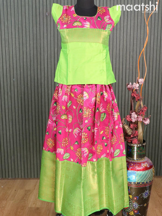 Raw silk readymade kids lehenga light green and pink with patch work neck pattern and kalamkari prints & long zari woven border for 12 years - {{ collection.title }} by Prashanti Sarees