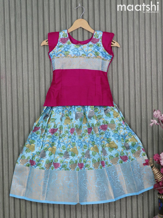 Raw silk readymade kids lehenga magenta pink and light blue with patch work neck pattern and kalamkari prints & zari woven border for 6 years - {{ collection.title }} by Prashanti Sarees