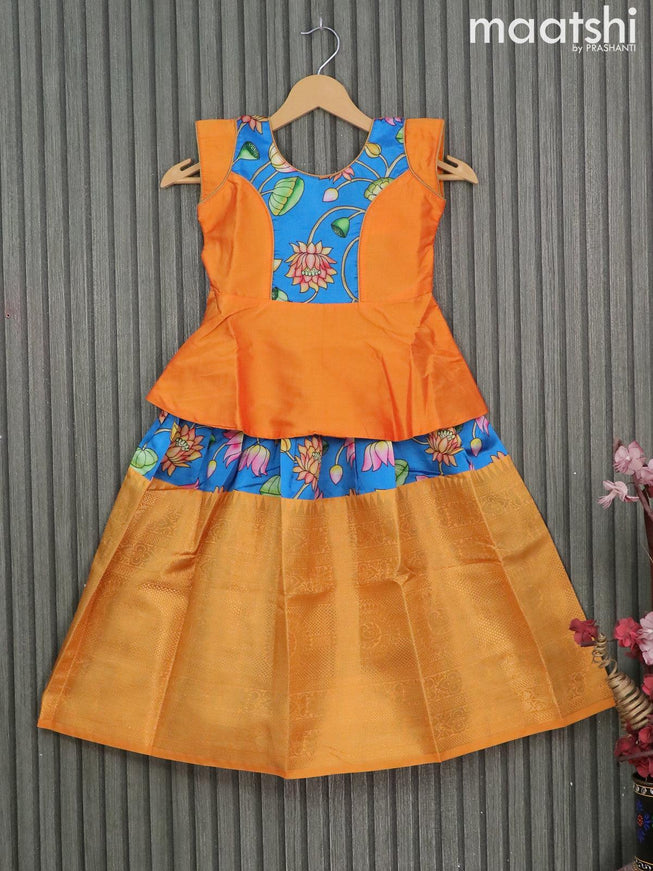 Raw silk readymade kids lehenga mango yellow and cs blue with patch work neck pattern and kalamkari prints & long zari woven border for 5 years - {{ collection.title }} by Prashanti Sarees