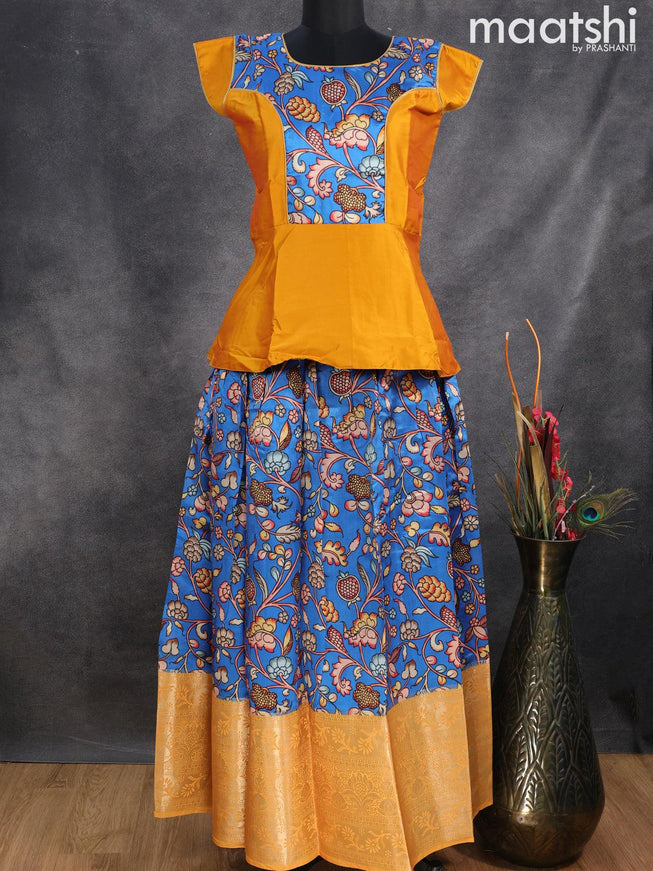 Raw silk readymade kids lehenga mustard yellow and blue with patch work neck pattern and kalamkari prints & long zari woven border for 15 years - {{ collection.title }} by Prashanti Sarees