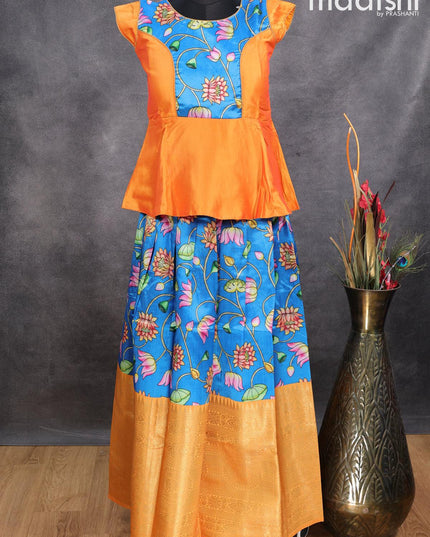 Raw silk readymade kids lehenga orange and blue with patch work neck pattern and kalamkari prints & long zari woven border for 11 years - {{ collection.title }} by Prashanti Sarees