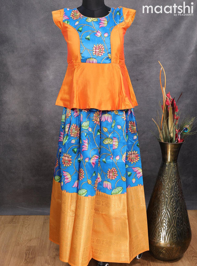 Raw silk readymade kids lehenga orange and blue with patch work neck pattern and kalamkari prints & long zari woven border for 11 years - {{ collection.title }} by Prashanti Sarees