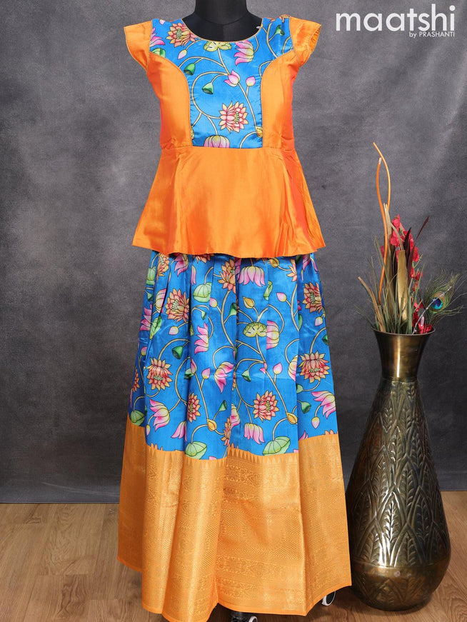 Raw silk readymade kids lehenga orange and blue with patch work neck pattern and kalamkari prints & long zari woven border for 11 years - {{ collection.title }} by Prashanti Sarees