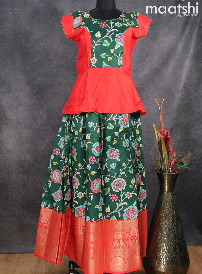 Raw silk readymade kids lehenga orange and bottle green with patch work neck pattern and kalamkari prints & long zari woven border for 15 years - {{ collection.title }} by Prashanti Sarees