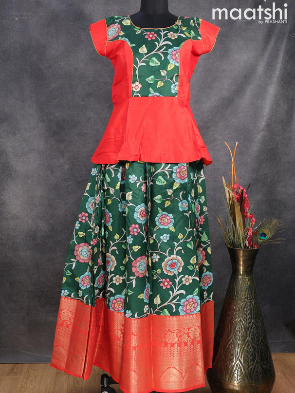 Raw silk readymade kids lehenga orange and bottle green with patch work neck pattern and kalamkari prints & long zari woven border for 15 years - {{ collection.title }} by Prashanti Sarees