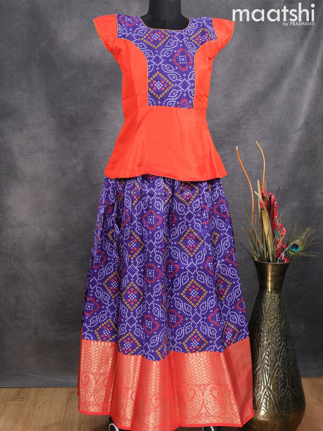 Raw silk readymade kids lehenga orange and dark blue with patch work neck pattern and bandhani prints & long zari woven border for 13 years - {{ collection.title }} by Prashanti Sarees