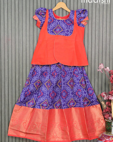 Raw silk readymade kids lehenga orange and dark blue with patch work neck pattern and bandhani prints & long zari woven border for 9 years - {{ collection.title }} by Prashanti Sarees