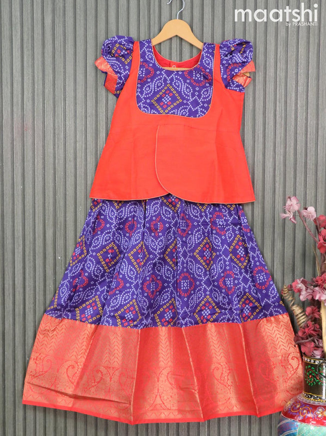 Raw silk readymade kids lehenga orange and dark blue with patch work neck pattern and bandhani prints & long zari woven border for 9 years - {{ collection.title }} by Prashanti Sarees