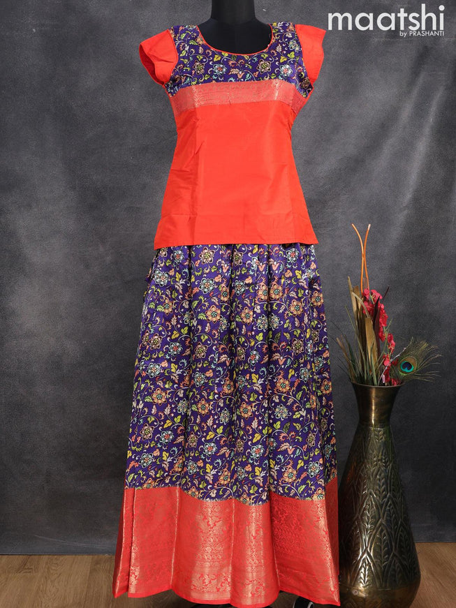 Raw silk readymade kids lehenga orange and dark blue with patch work neck pattern and kalamkari prints & long zari woven border for 15 years - {{ collection.title }} by Prashanti Sarees