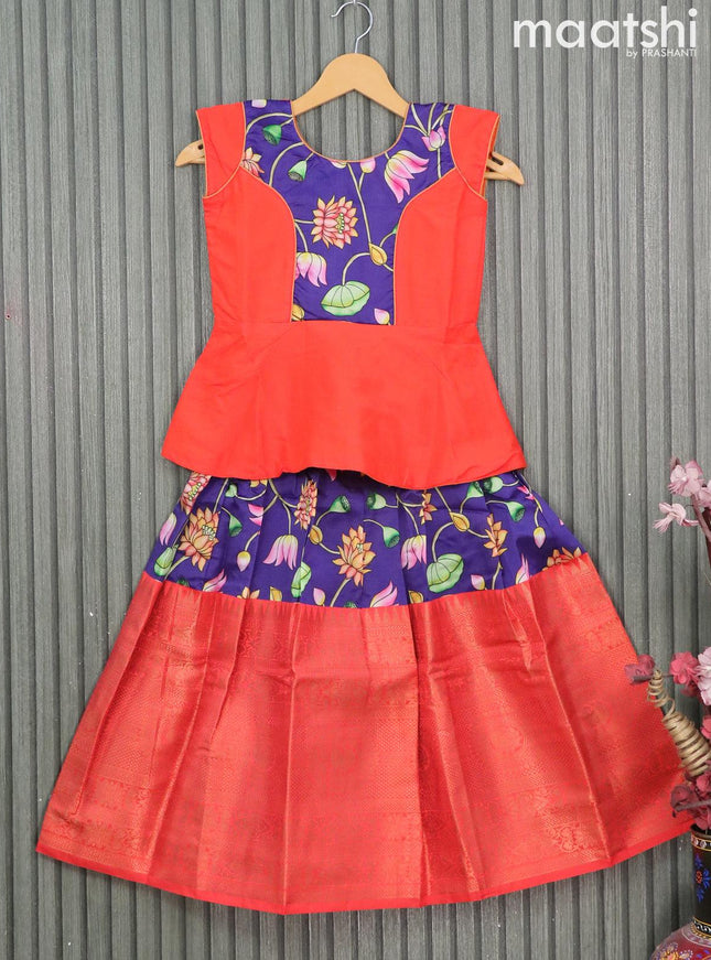 Raw silk readymade kids lehenga orange and dark blue with patch work neck pattern and kalamkari prints & long zari woven border for 7 years - {{ collection.title }} by Prashanti Sarees