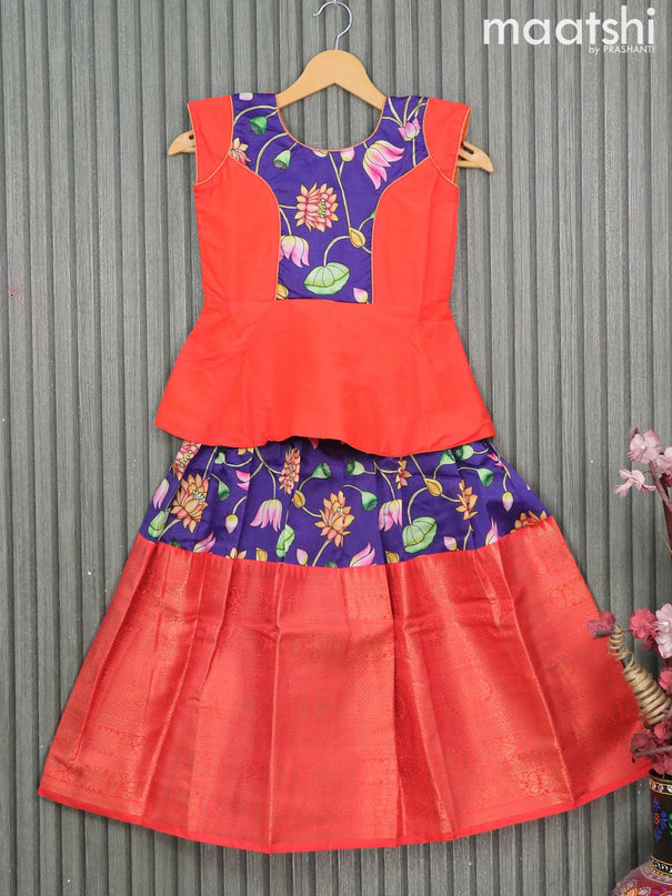 Raw silk readymade kids lehenga orange and dark blue with patch work neck pattern and kalamkari prints & long zari woven border for 7 years - {{ collection.title }} by Prashanti Sarees