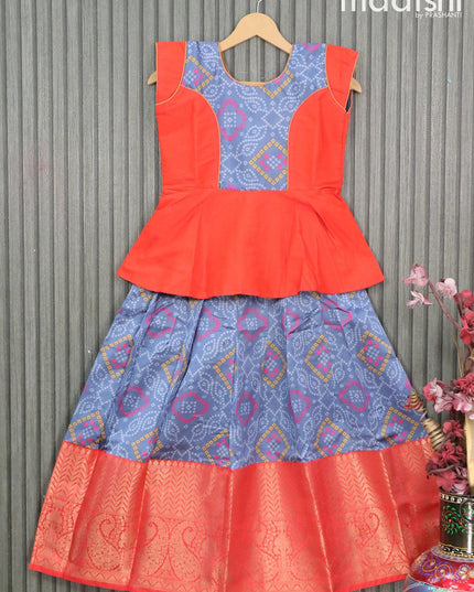 Raw silk readymade kids lehenga orange and grey with patch work neck pattern and bandhani prints & long zari woven border for 9 years - {{ collection.title }} by Prashanti Sarees