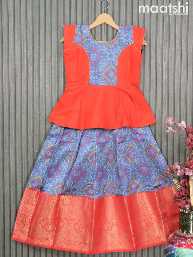 Raw silk readymade kids lehenga orange and grey with patch work neck pattern and bandhani prints & long zari woven border for 9 years - {{ collection.title }} by Prashanti Sarees
