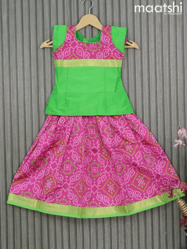 Raw silk readymade kids lehenga parrot green and pink with patch work neck pattern and bandhani prints & zari woven border for 4 years - {{ collection.title }} by Prashanti Sarees