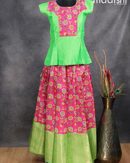 Raw silk readymade kids lehenga parrot green and pink with patch work neck pattern and kalamkari prints & long zari woven border for 13 years - {{ collection.title }} by Prashanti Sarees